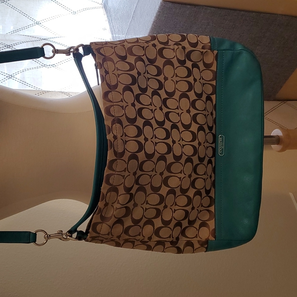 Coach Signature Brown and Teal Shoulder Bag